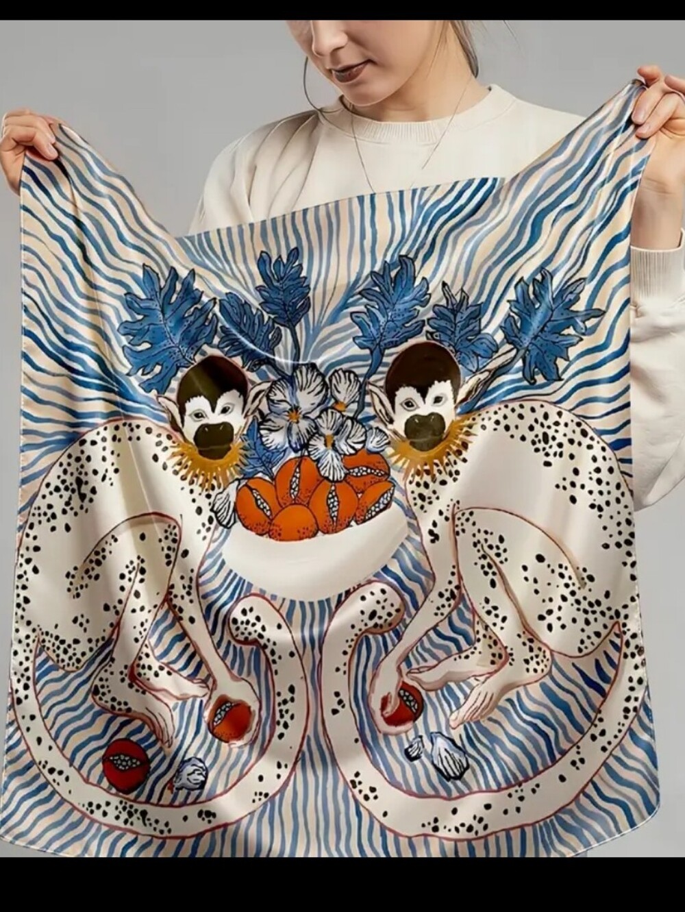 XL Blue and Orange Unique Monkey Unique Animal Print Luxury Scarf Wrap 28"x28"